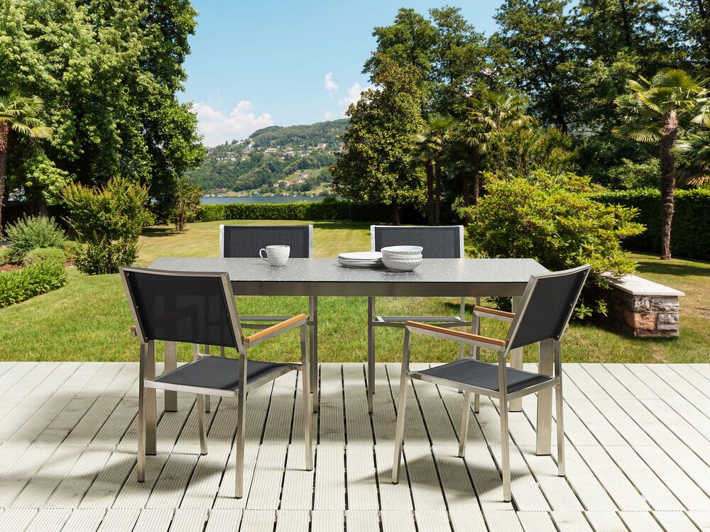 Set dining pentru grădină cu 4 locuri COSOLETO/GROSSETO Sticlă securizată efect de granit Negru