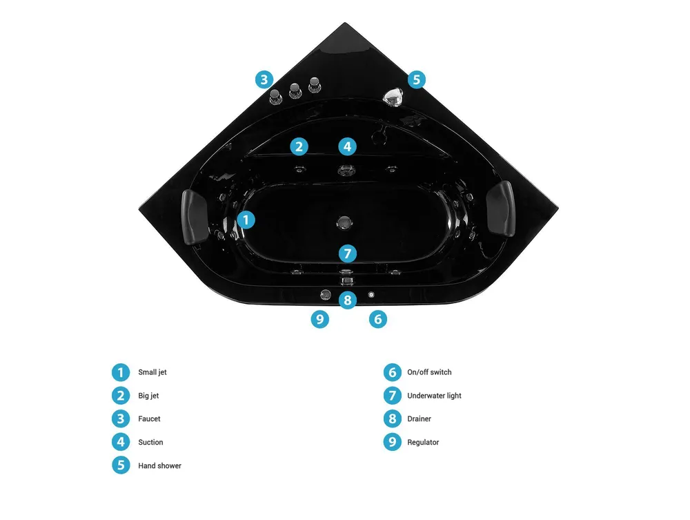 Corner Hot Tub with LED MEVES 1400 x 1400 mm Black_781595