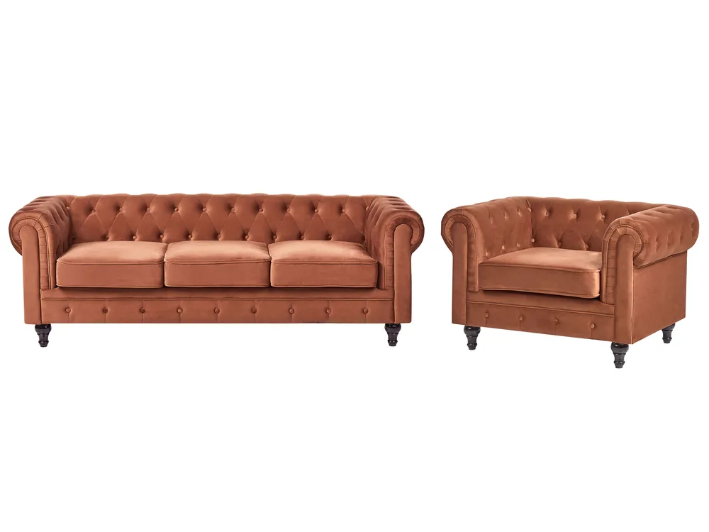 Living Room Set 4 Seater CHESTERFIELD Velvet Golden Brown
