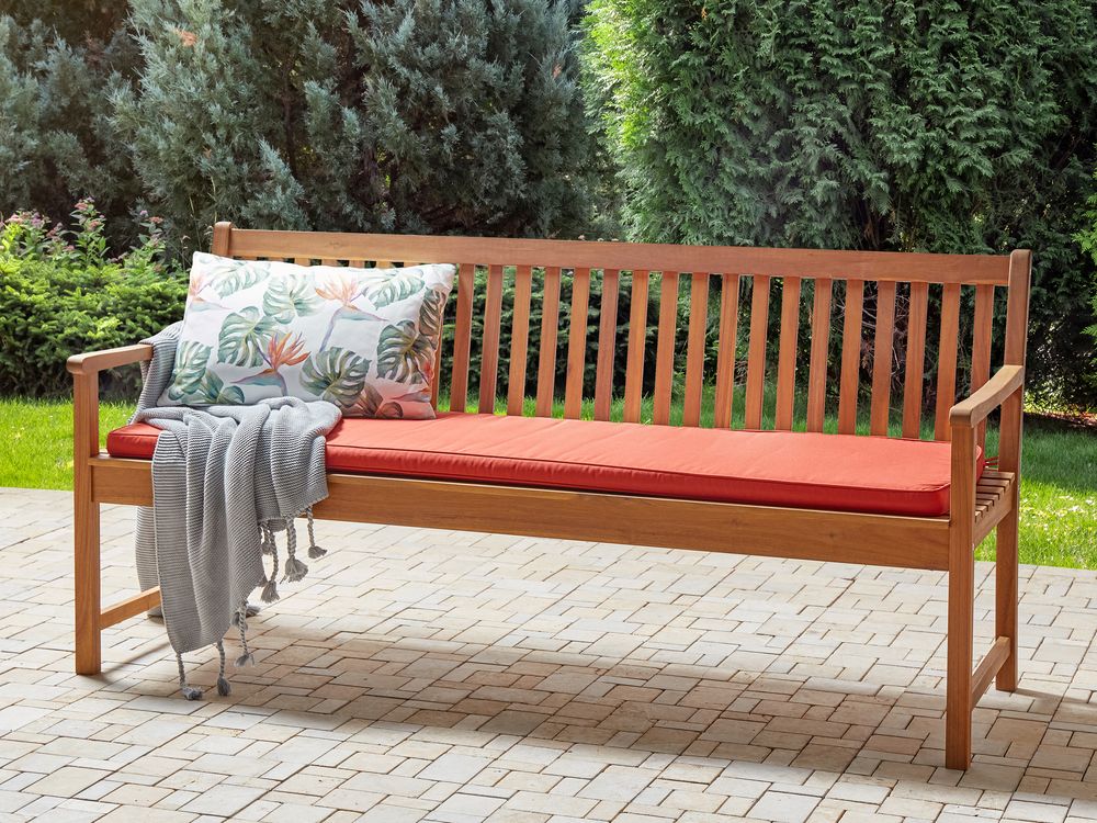 Certified Acacia Wood Garden Bench 180 cm with Red Cushion VIVARA Beliani.cz