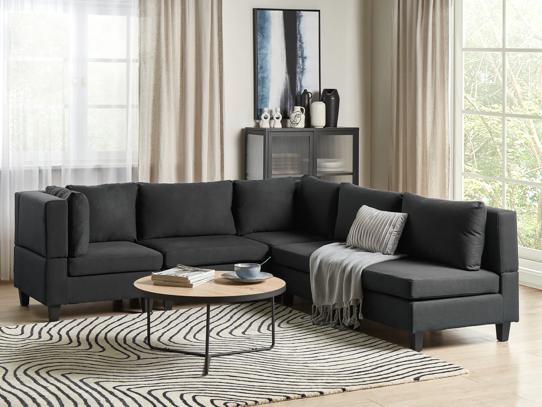 Modular Corner Sofa 5 Seater UNSTAD Fabric Black Right Hand_924782