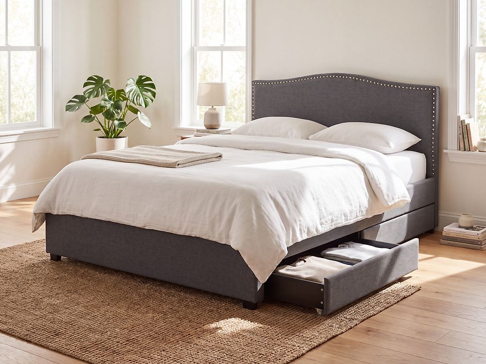 Bett mit Schubladen MONTPELLIER Stoff Dunkelgrau 160 x 200 cm