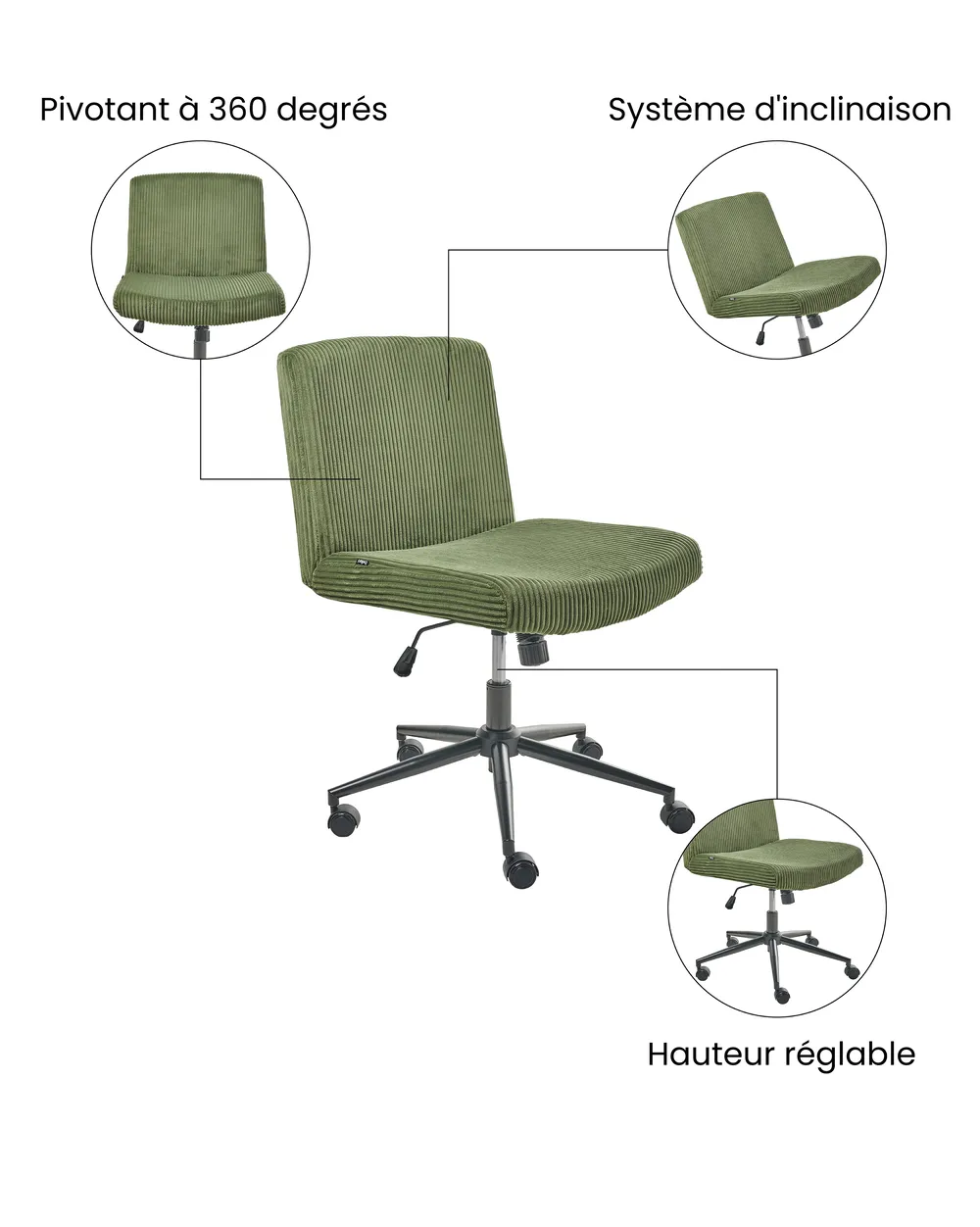Chaise de bureau GEDDES Velours côtelé Vert_1074406