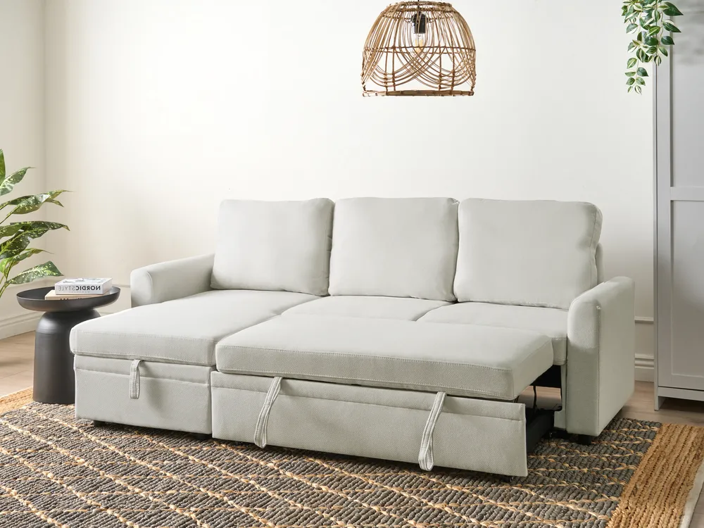 Corner Sofa Bed 3 Seater NASSJO Faux Linen Off-White Right Hand_999855