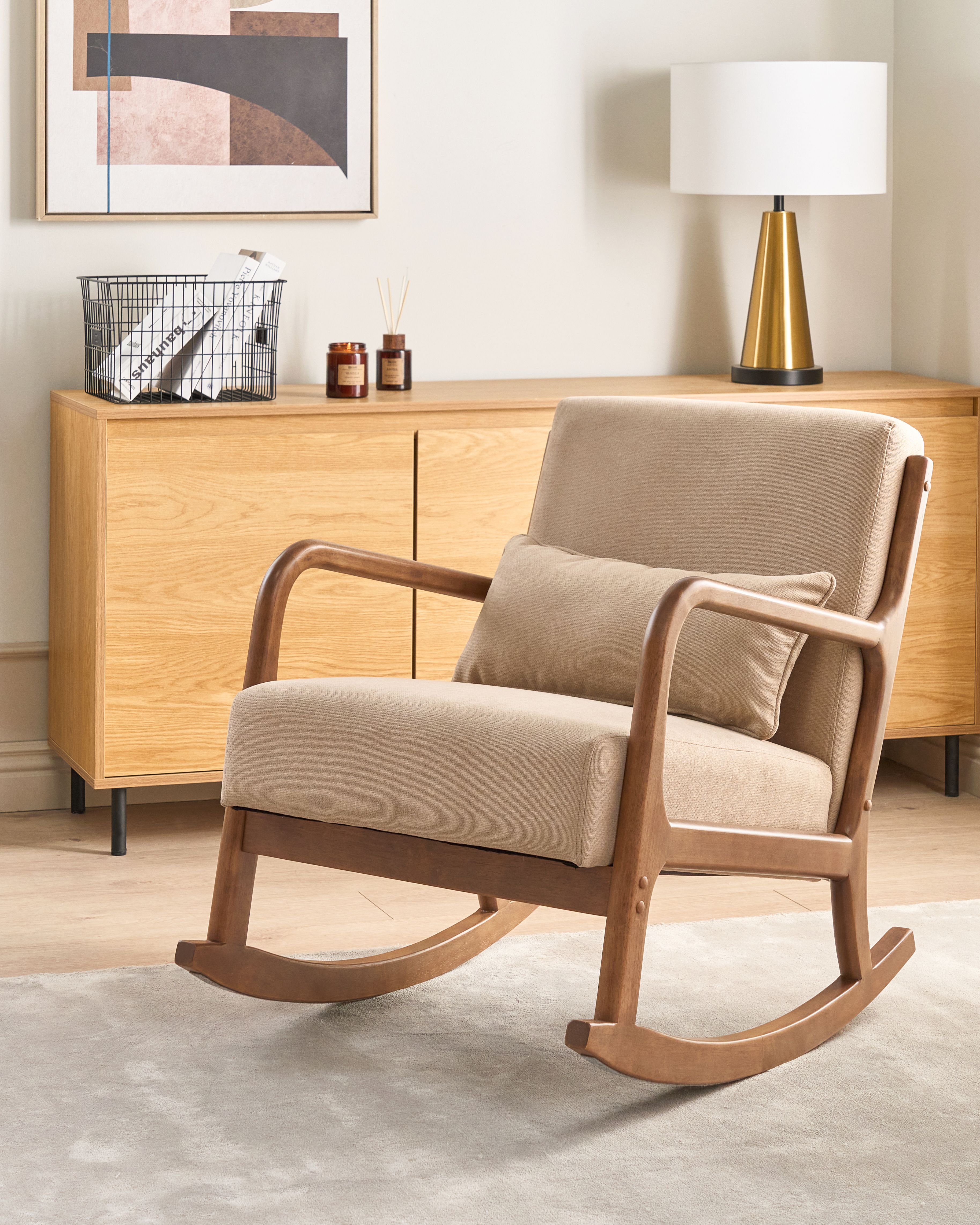 Poltrona A Dondolo In Tessuto Beige - Struttura Legno, Ergonomica Per Relax In Casa - Foto 7