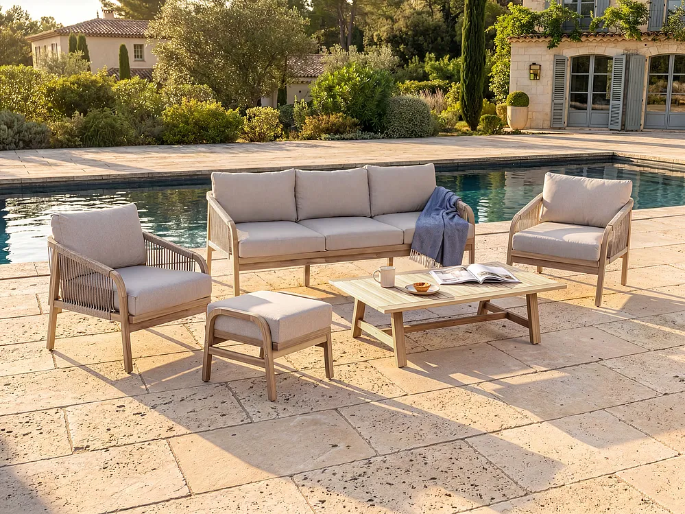 Set salotto da giardino con tavolo e pouf 5 posti SUMBA Legno d'acacia Marrone chiaro_1159125
