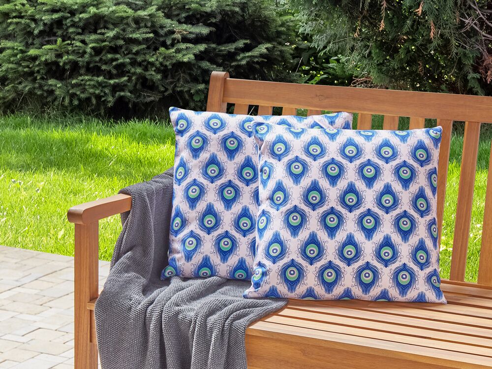 Set of 2 Outdoor Cushions Peacock Pattern 45 x 45 cm Blue and Pink CERIANA Beliani