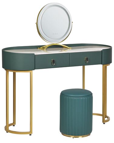 Toaletní stolek se 2 zásuvkami LED zrcadlem a pufem tmavozelený/ zlatý VINAX