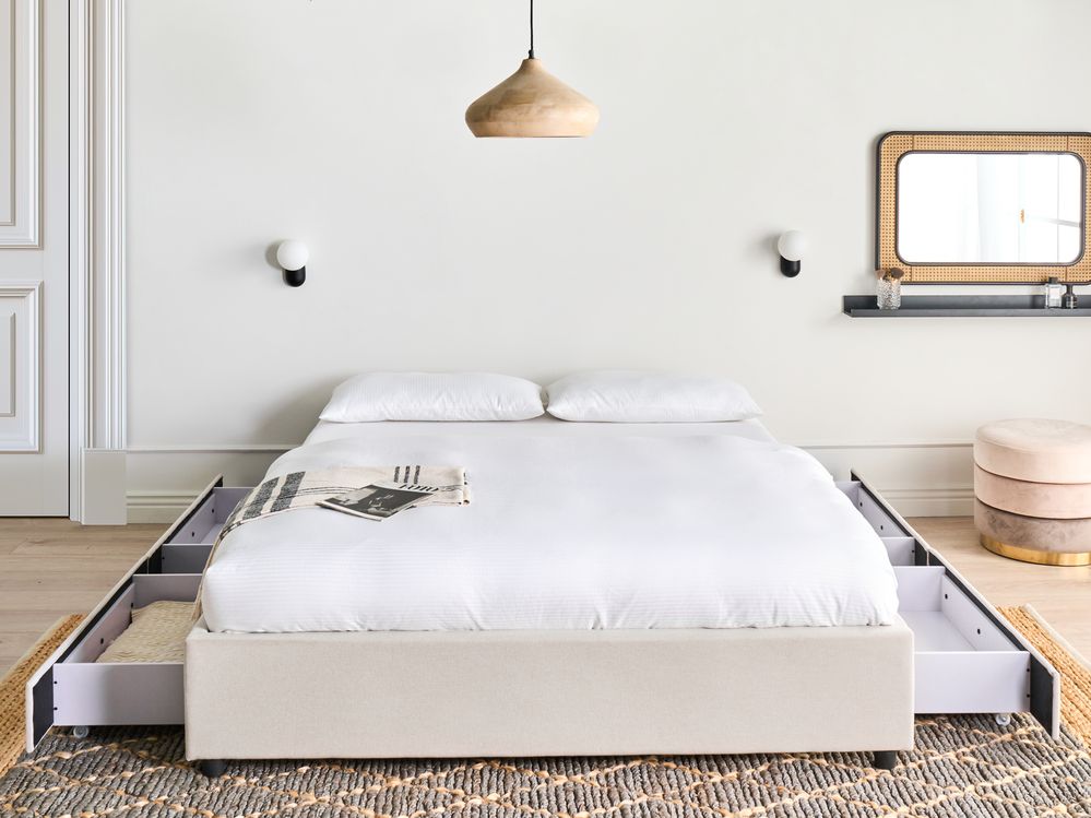Bed with Storage Drawers without Headboard PRADES Fabric Light Beige 160 x 200 cm (EU King Size)