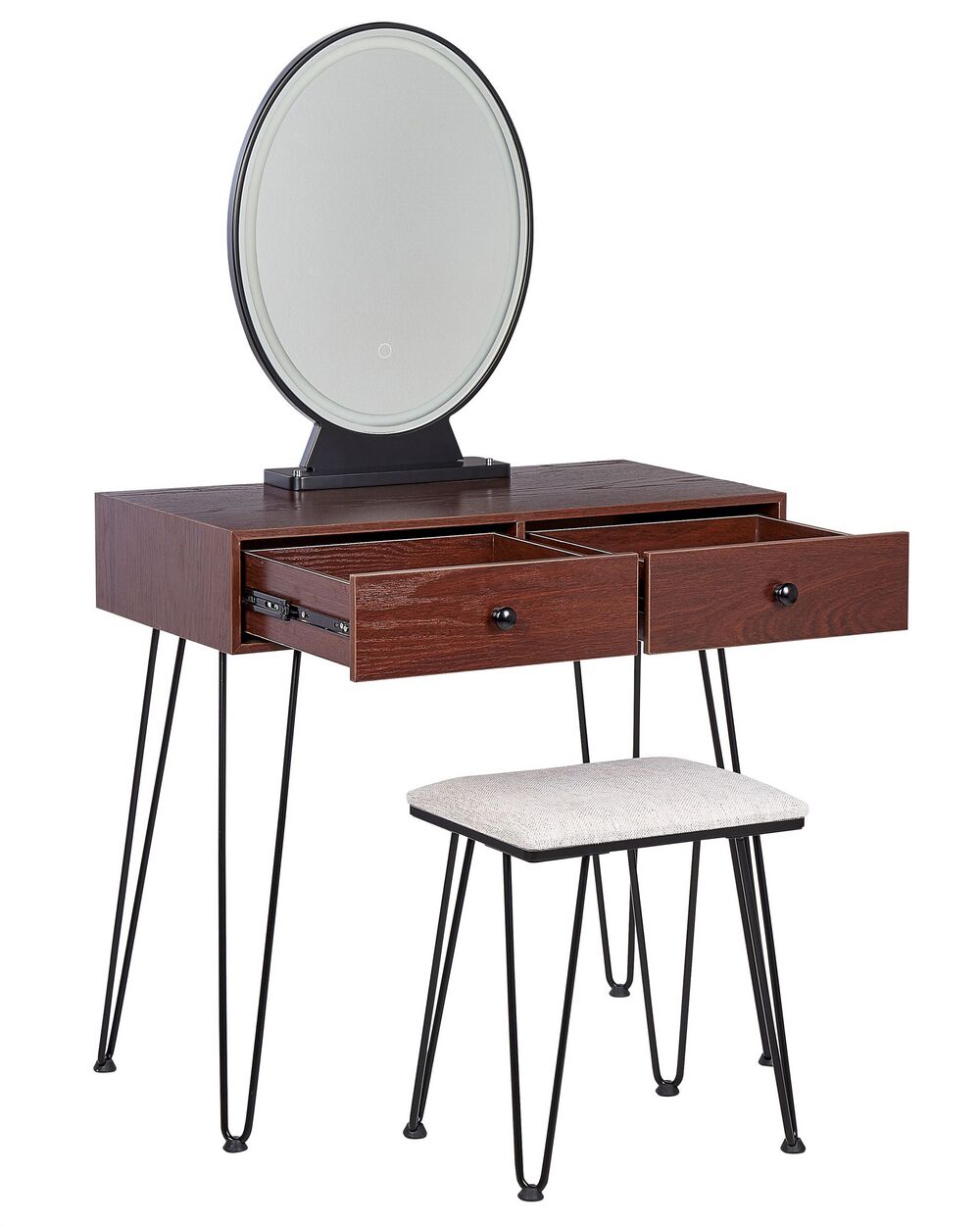 2 Drawers Dressing Table with LED Mirror and Stool Dark Wood and Black LOIX Beliani