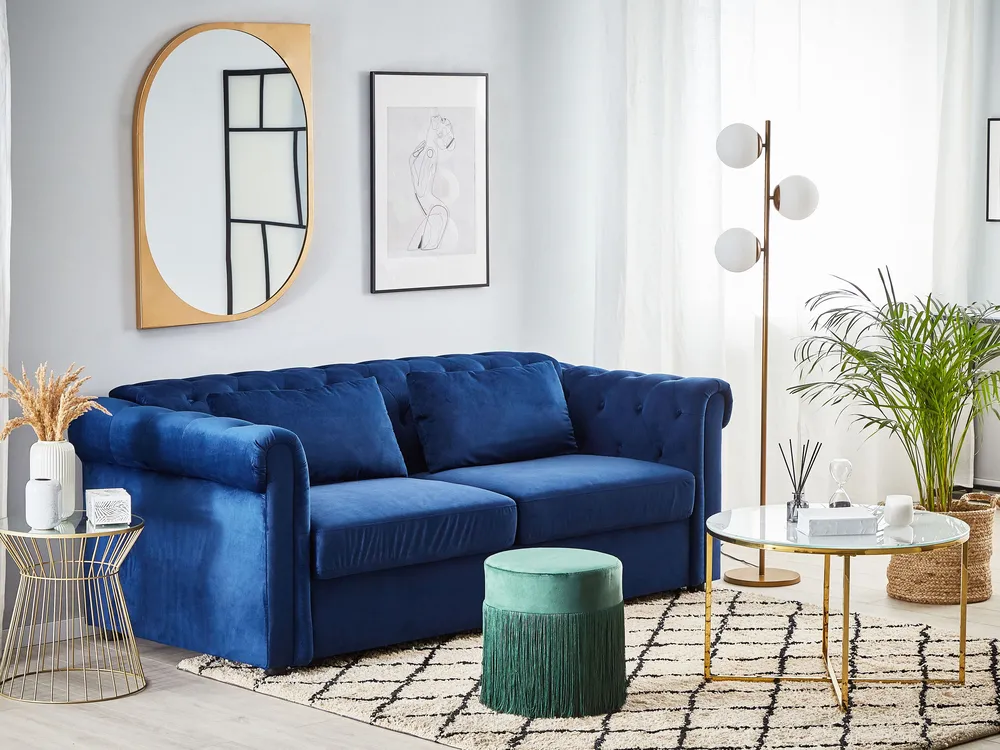Beliani Divano Letto 3 Posti In Velluto Blu Navy - Stile Glamour Con Gambe In Legno, Meccanismo Click-Clack - 2