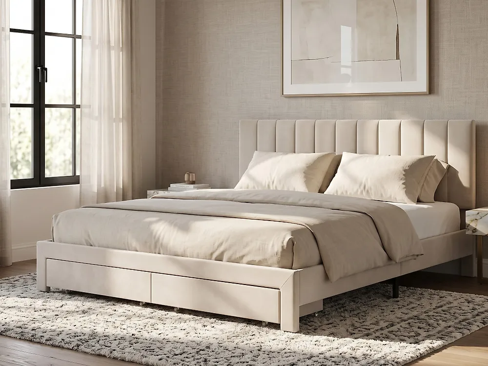 Bed with Storage Drawers LONZAC Velvet Off-White 180 x 200 cm (EU Super King)_1175262