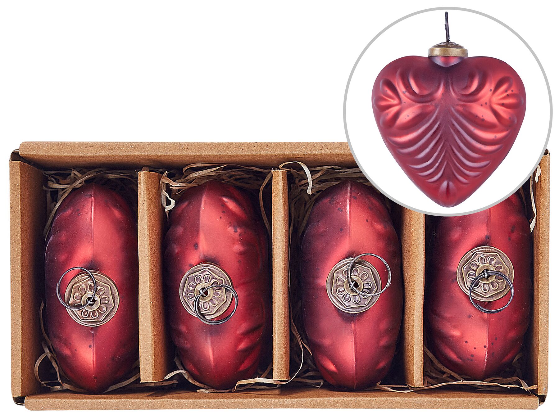 Set of 4 Glass Heart Baubles Red FERIABLE_899353