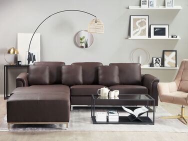 Right Hand Leather Corner Sofa with Ottoman Brown OSLO