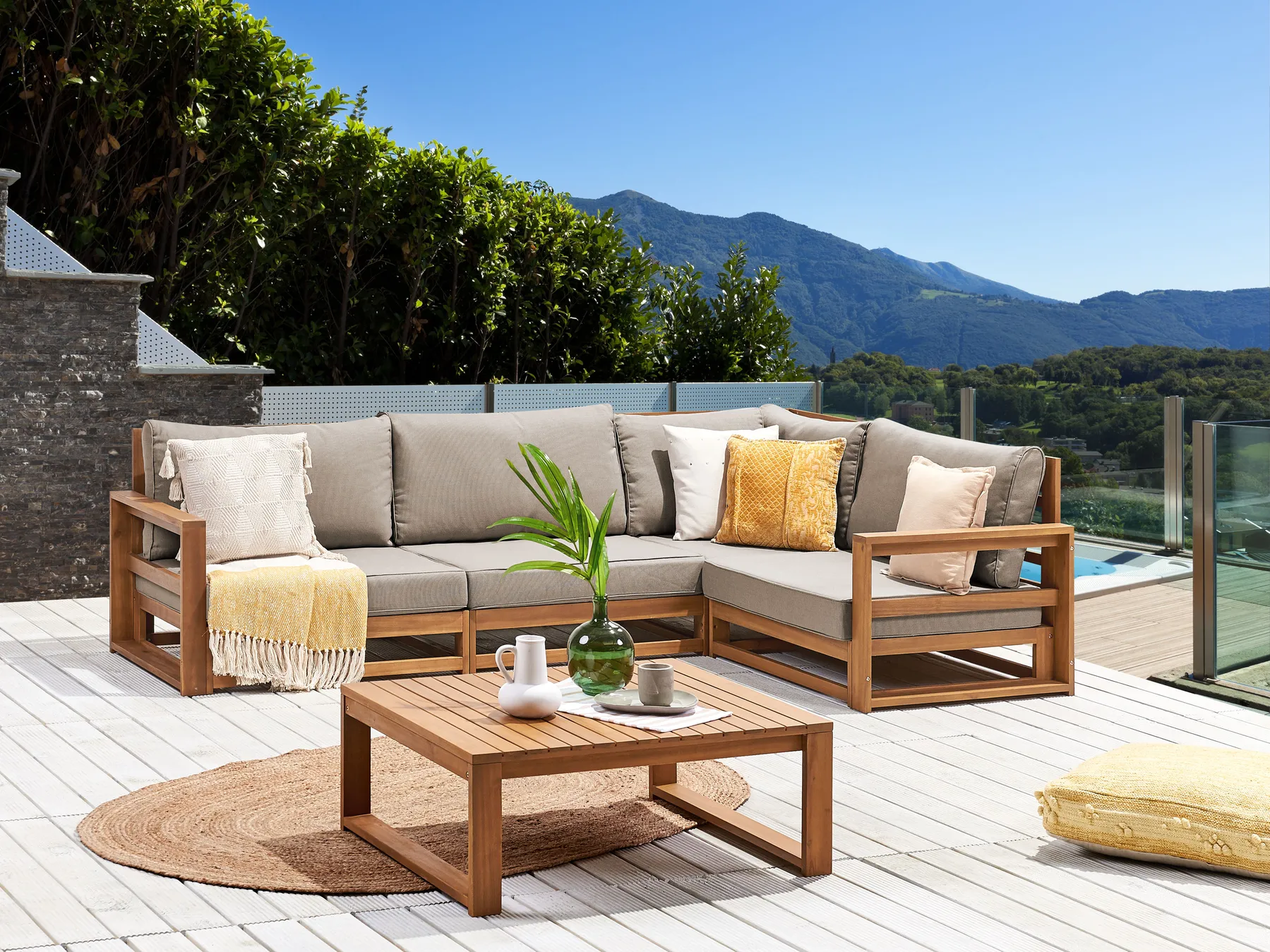 Garden Corner Sofa with Table 4 Seater TIMOR Modular Certified Acacia Wood Light Brown Left Hand_837924