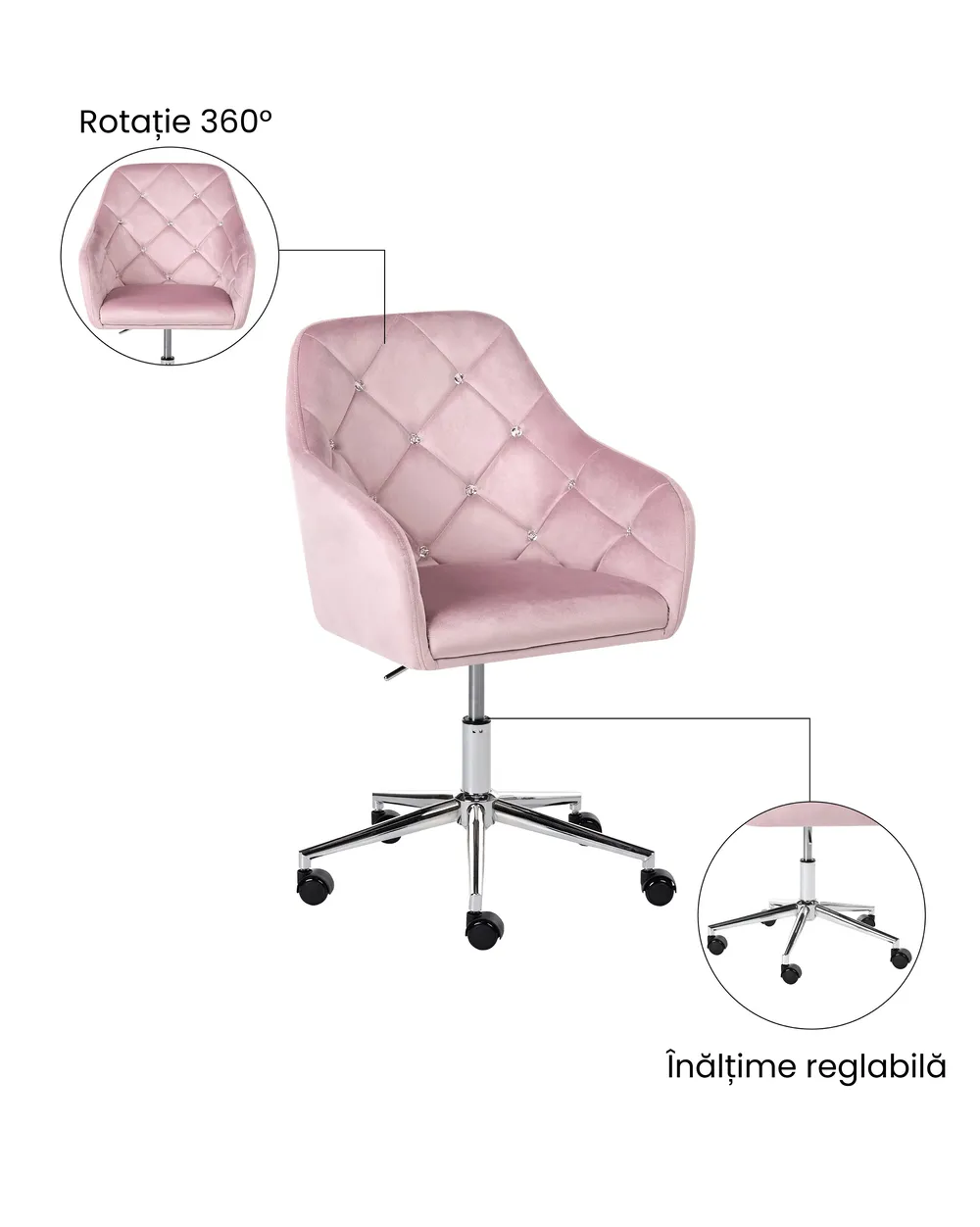 Scaun de birou VELORIA Catifea Roz pastel_1065146