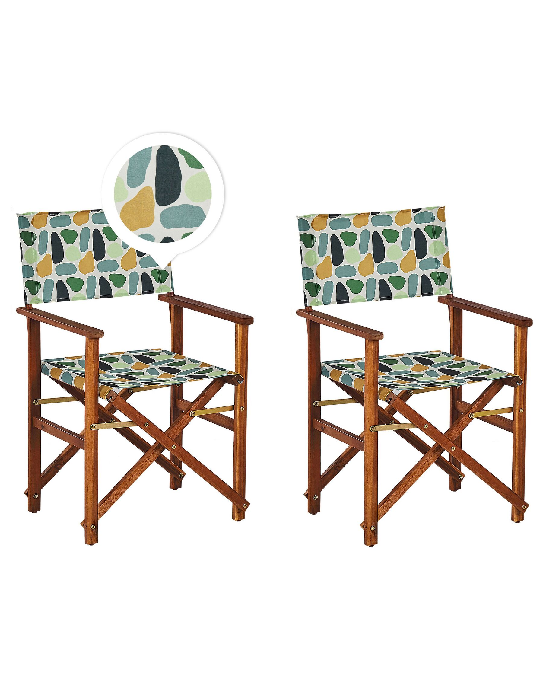 Zestaw 2 krzeseł ogrodowych i 2 wymiennych tkanin ciemne drewno akacjowe z białym / wzór geometryczny CINE_819198