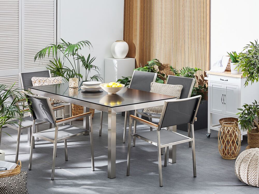 6 Seater Garden Dining Set Black Granite Top with Grey Chairs GROSSETO Beliani.cz