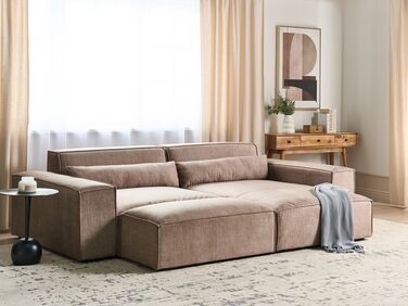 Left Hand 2-Seater Modular Fabric Corner Sofa with Ottoman Brown HELLNAR