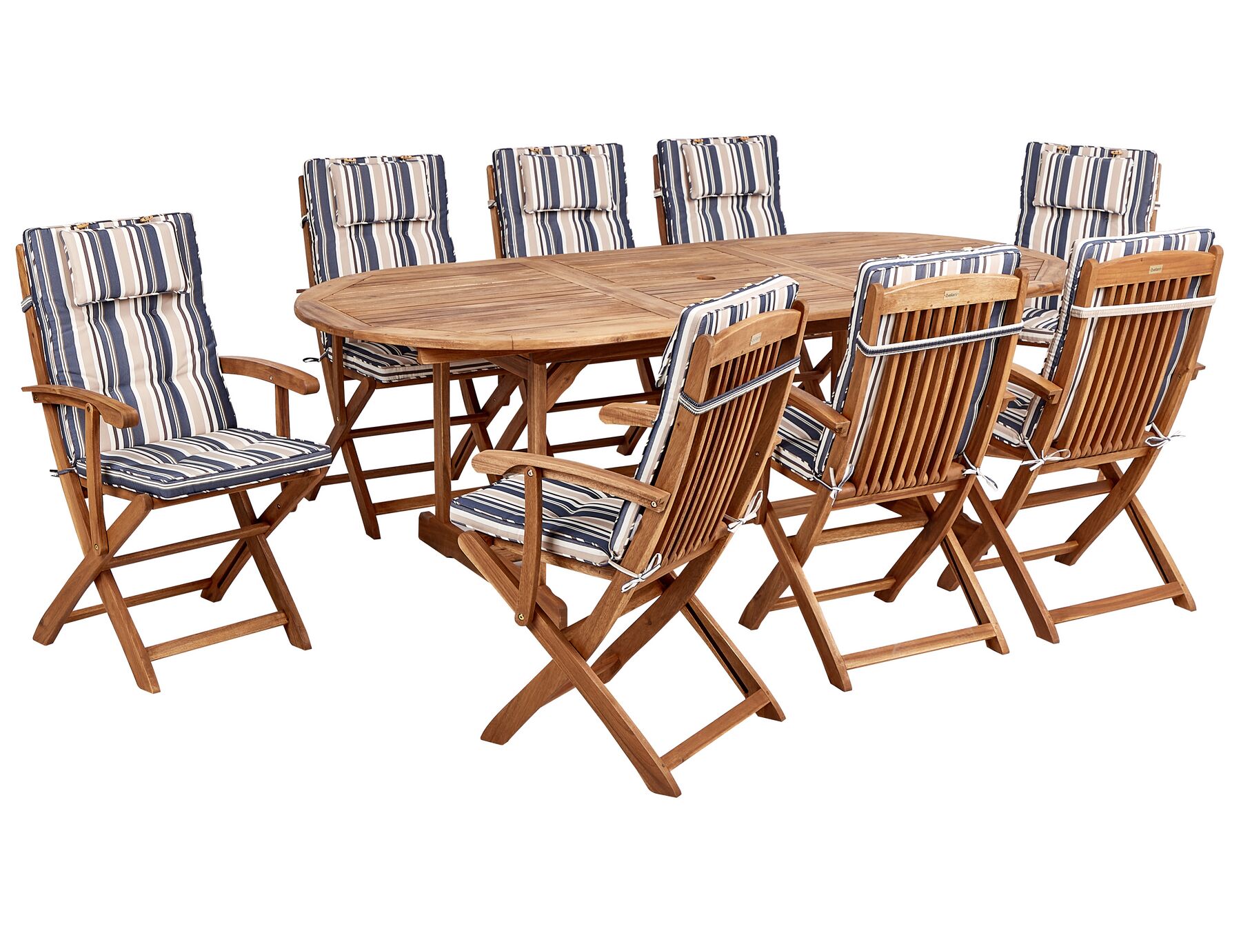 8 Seater Acacia Wood Garden Dining Set Blue Stripes Cushions MAUI II_926699