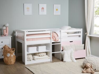 Wooden Kids Mid Sleeper Bed with Storage EU Single Size White and Pink SUSVILLE