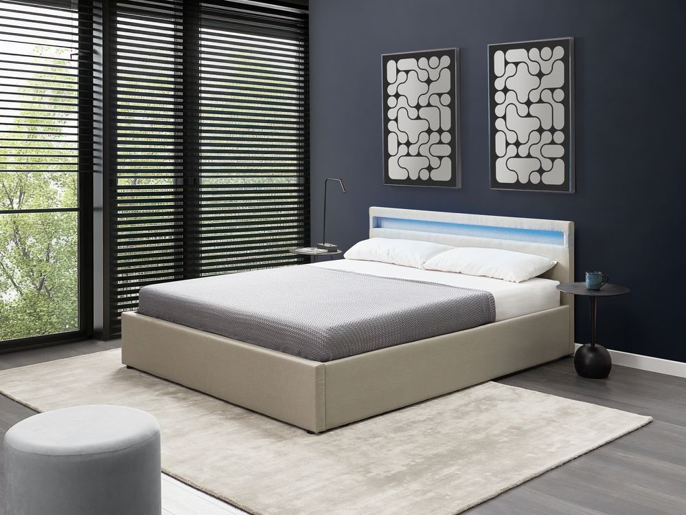 Ottoman Bed with LED ARMELLE Fabric Beige 160 x 200 cm (EU King Size)