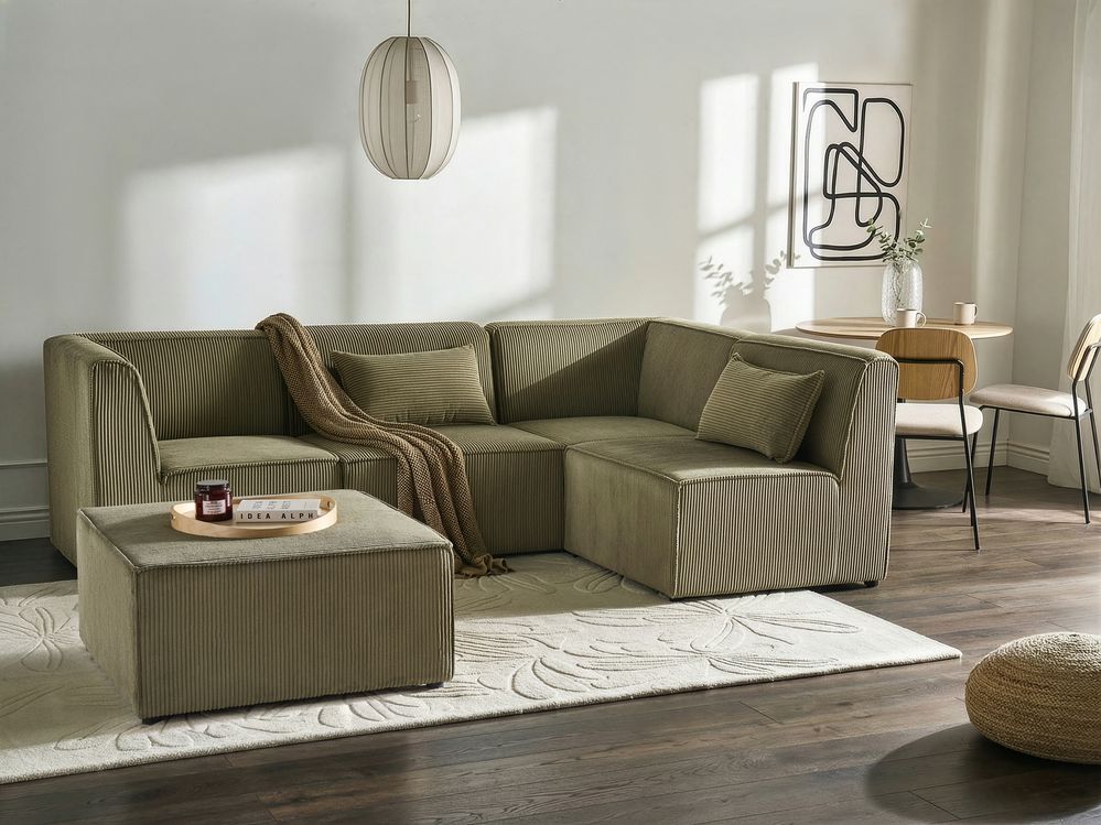 Modular Corner Sofa 4 Seater LEMVIG with Ottoman Corduroy Green Left Hand