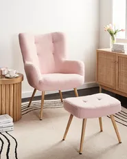 Poltrona Wingback VEJLE con poggiapiedi Bouclé Rosa pastello_966593