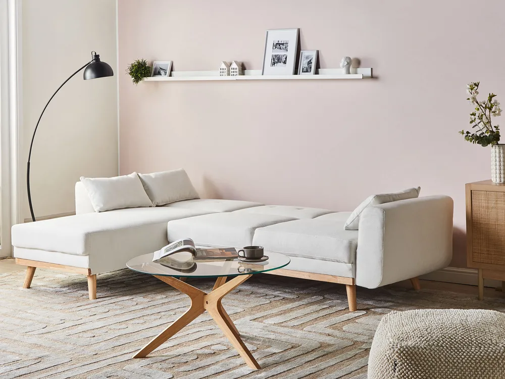 Corner Sofa Bed 3 Seater KAARINA Fabric White Right Hand_1100078