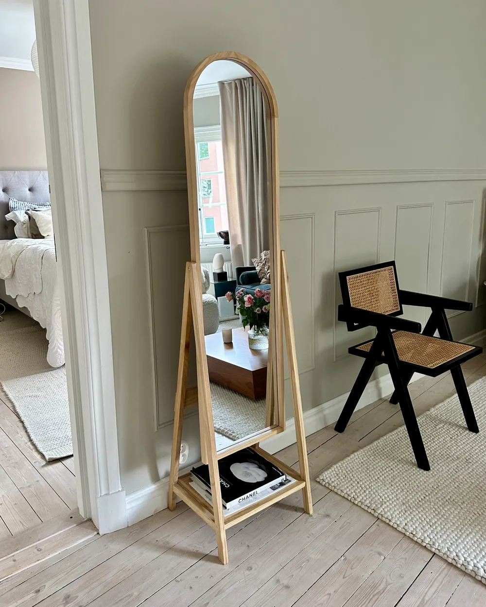 Standing Mirror with Shelf CHAMBERY 170 cm Paulownia Wood Light Brown_1008968