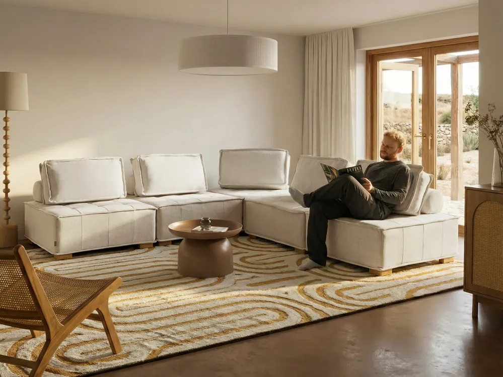 Modular Corner Sofa 5 Seater TIBRO Fabric Off-White Right Hand_1058169