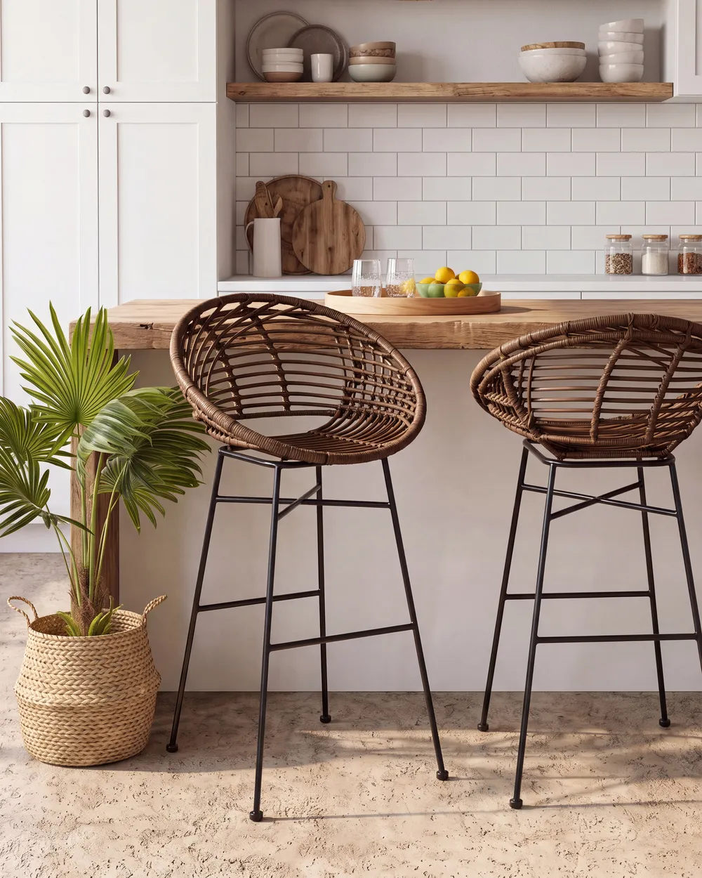 Set of 2 Bar Chairs WINDOM Rattan Brown_1086624