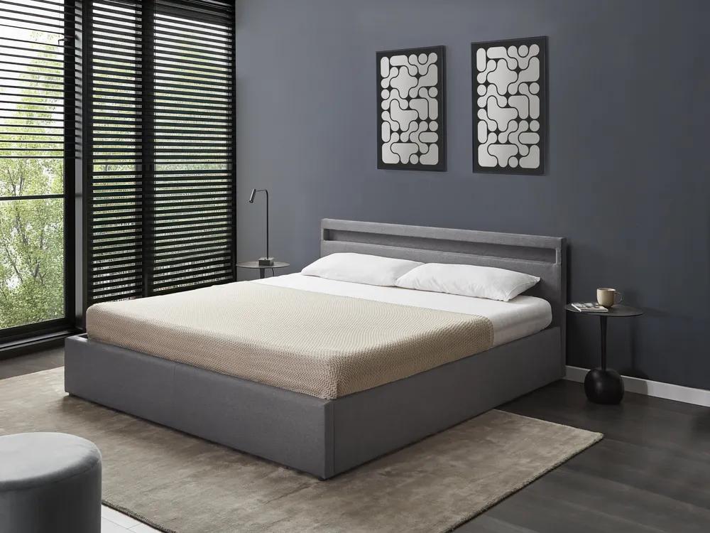Ottoman Bed with LED ARMELLE Fabric Dark Grey 180 x 200 cm (EU Super King)_998430