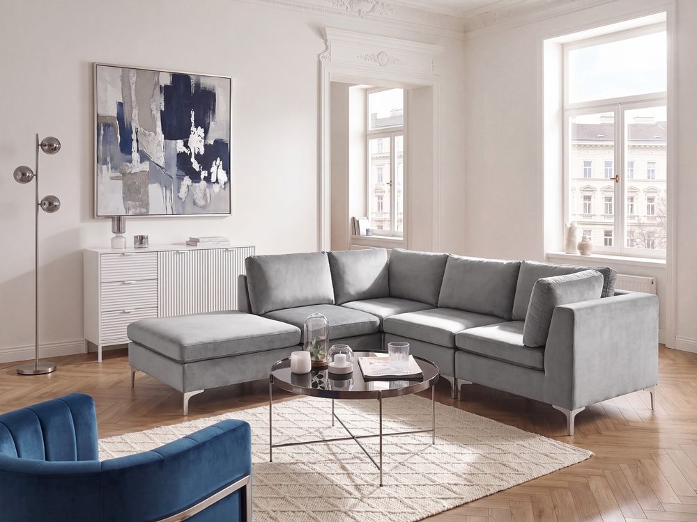 Canapé d'angle modulable 4 places EVJA avec ottoman Velours Gris Côté droit