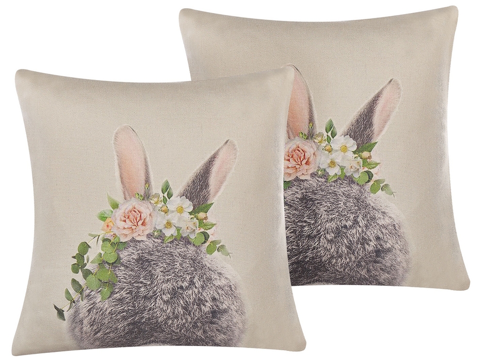 Set of 2 Cotton Cushions Rabbit Print 45 x 45 cm Taupe FATSIA Beliani