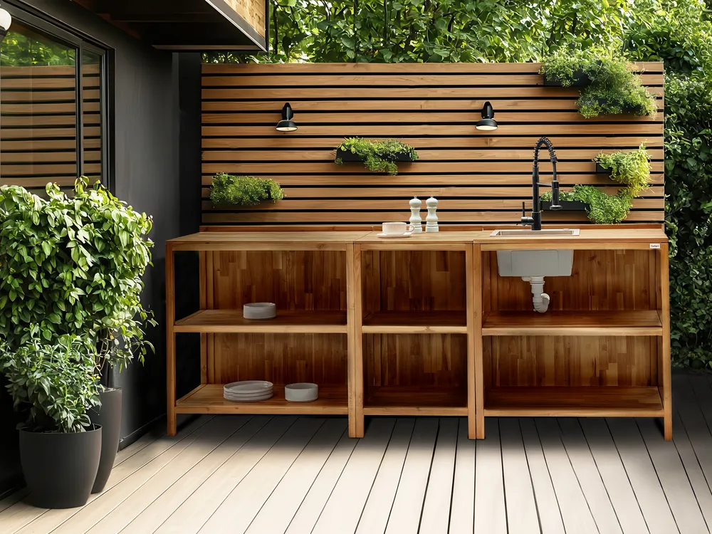 Outdoor Kitchen Island with Sink VENOSA Brown/ Black Brown Acacia Wood