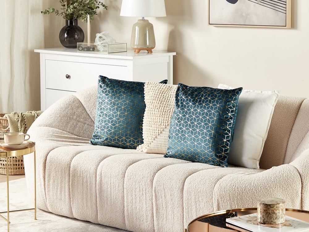 Set of 2 Velvet Cushions Geometric Pattern 45 x 45 cm Teal Blue CELOSIA Beliani