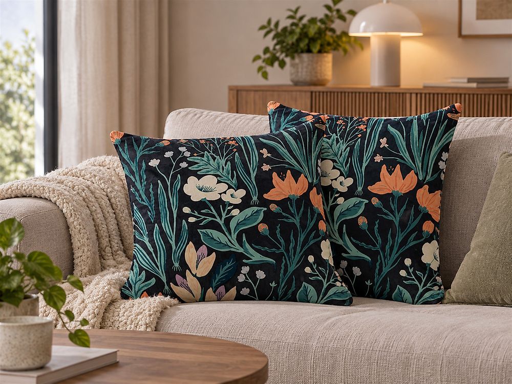 Lot de 2 coussins décoratifs OSMUNDA 45 x 45 cm Velours Noir Motif floral