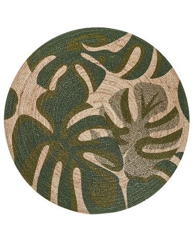 Round Area Rug Monstera Leaf Pattern ⌀ 140 cm Beige with Green BAYAT