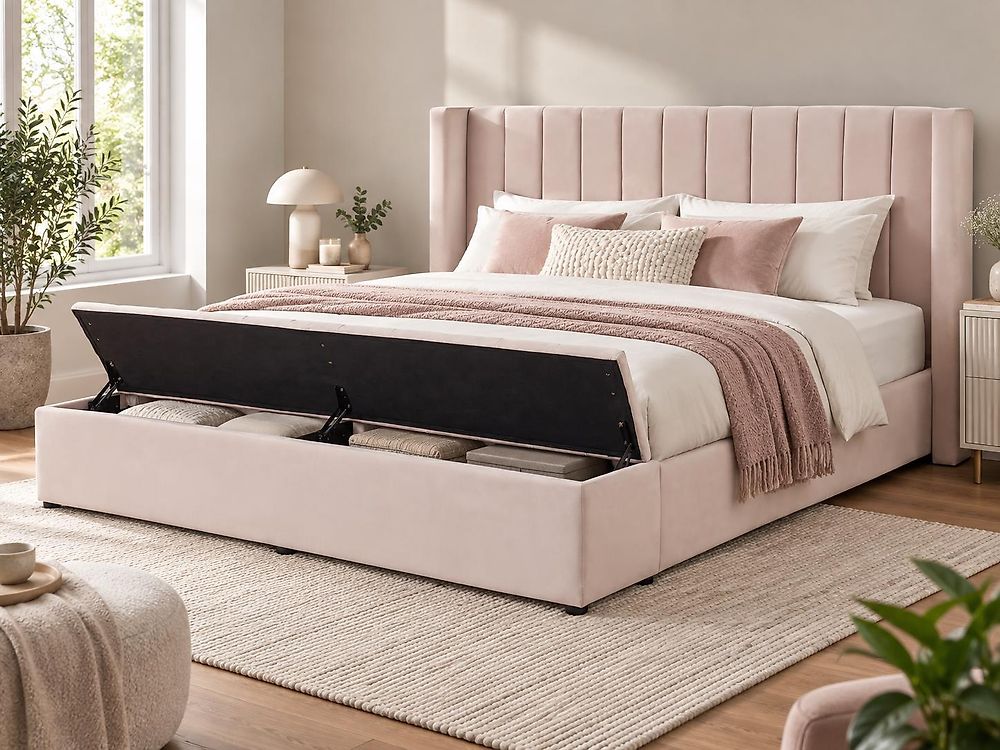 Letto con panca contenitore NOYERS Velluto Rosa pastello 180 x 200 cm