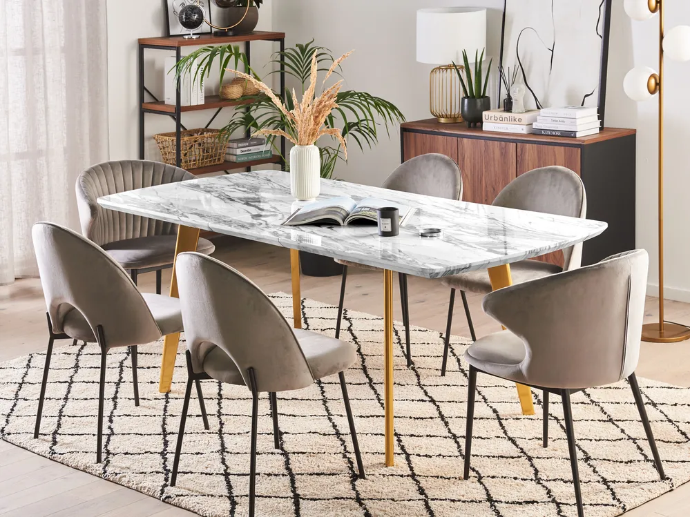 Beliani Tavolo Da Pranzo Tondo 90 Cm Effetto Marmo Bianco - Base In Metallo Dorato, Per Cucina 4 Posti, Moderno - 4