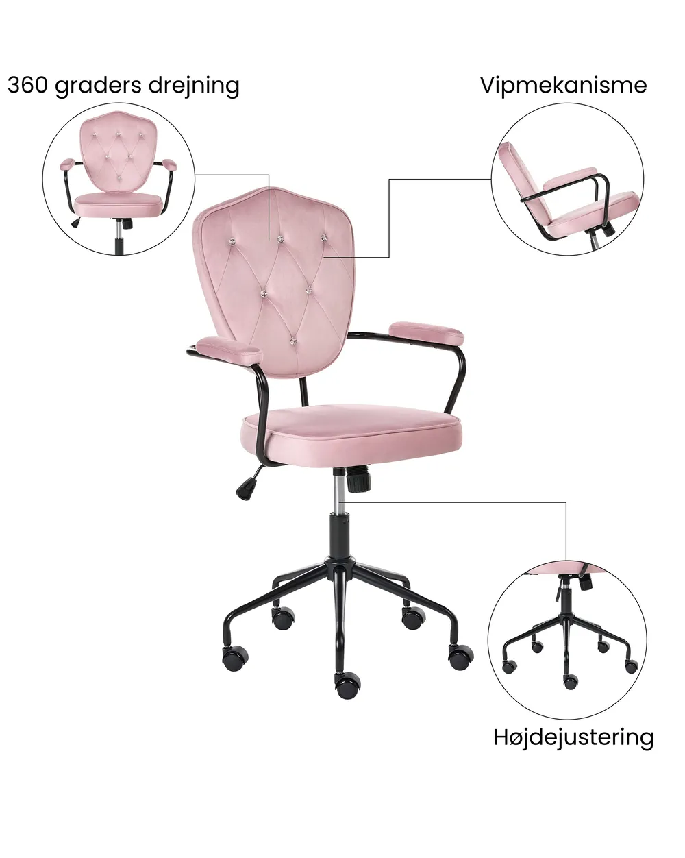 Bureaustoel VELISSE Fluweel Pastelroze_1065430