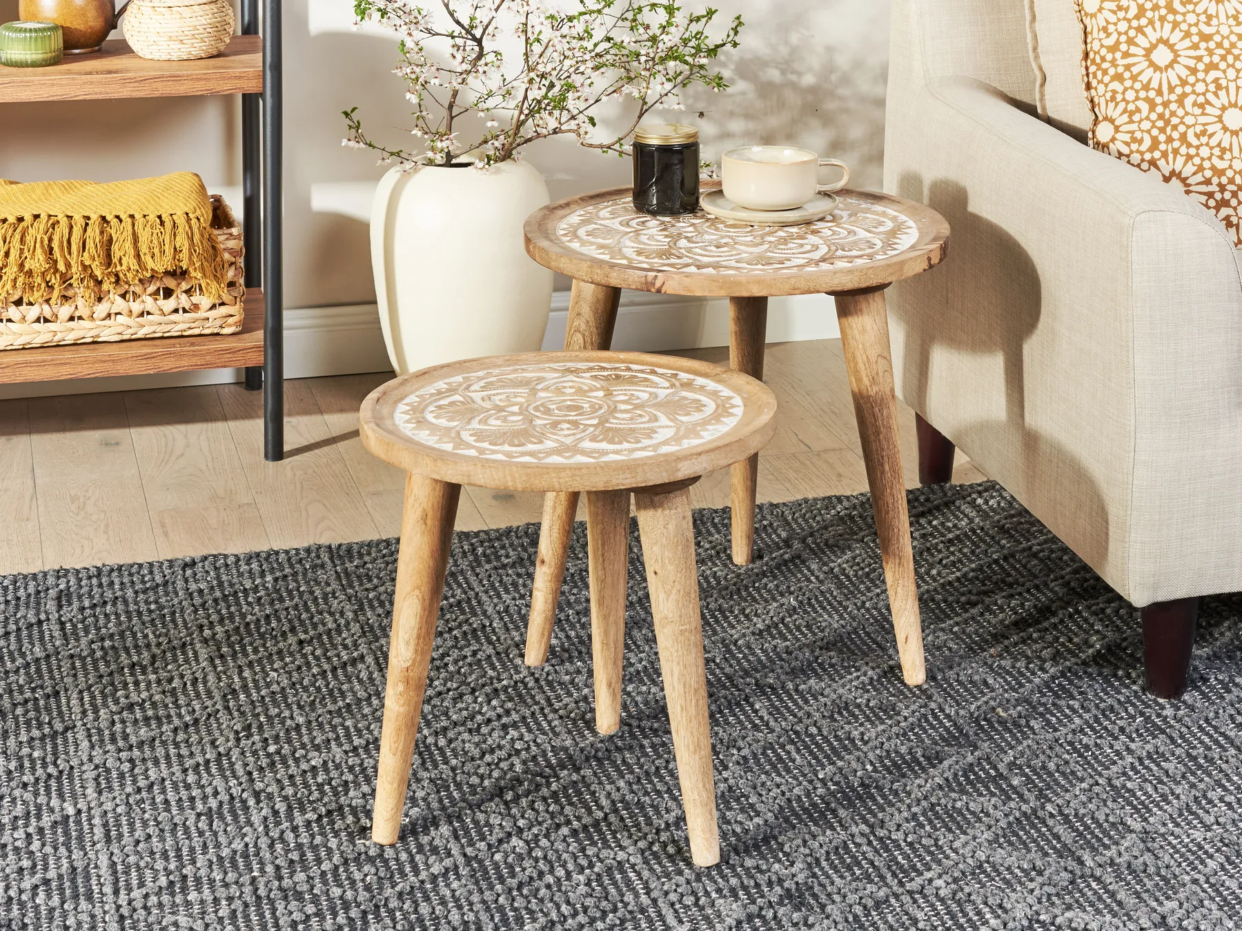 Set of 2 Side Tables SAKITA Mango Wood Brown/ White_857334