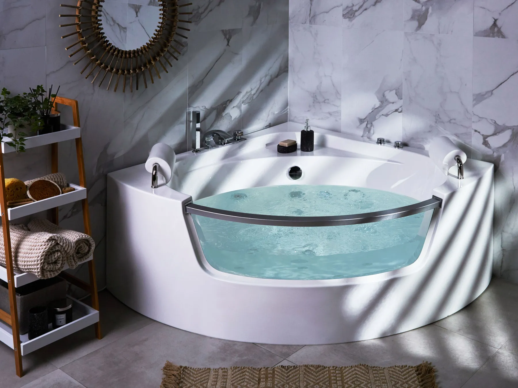 Vasca idromassaggio angolare con LED MANGLE 187 x 136 cm Bianco_802815