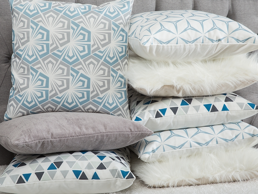 Set of 2 Cushions Geometric Pattern 45 x 45 cm Grey and Blue CLEOME Beliani