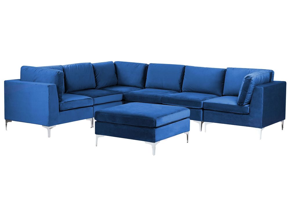 Right Hand 6 Seater Modular Velvet Corner Sofa with Ottoman Blue EVJA Beliani