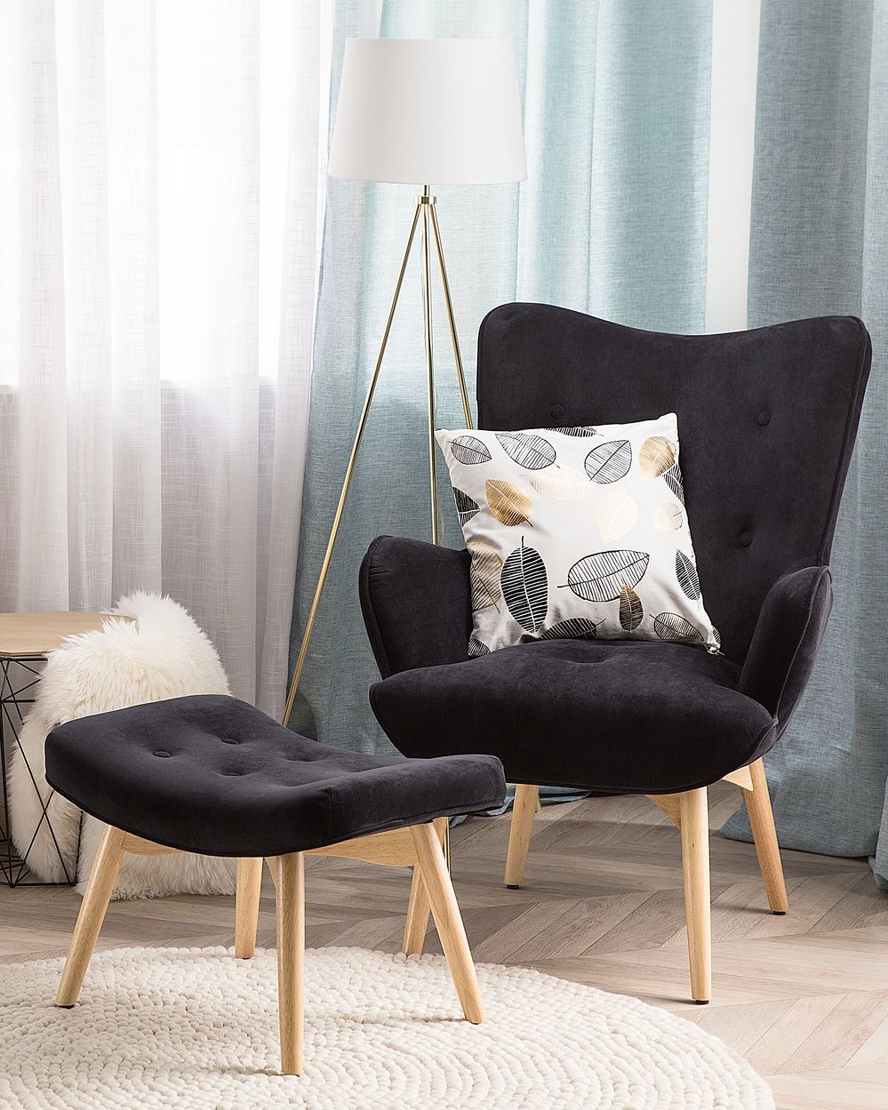 Wingback Chair VEJLE with Footstool Velvet Black Beliani.cz
