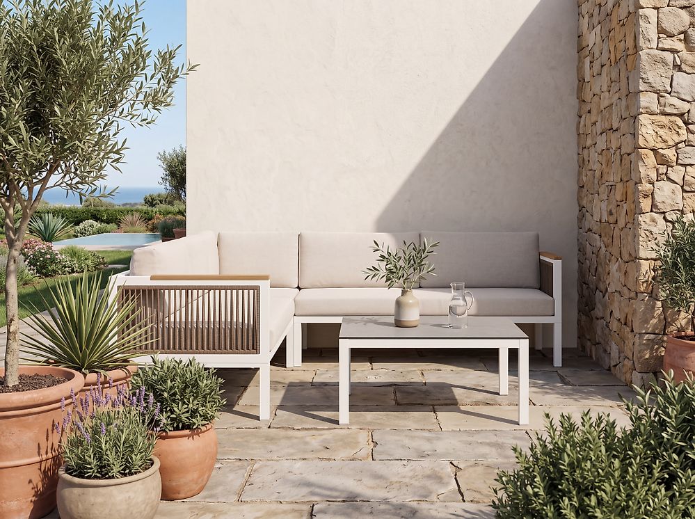 Garden Corner Sofa with Table 4 Seater BORELLO Metal Beige Left Hand
