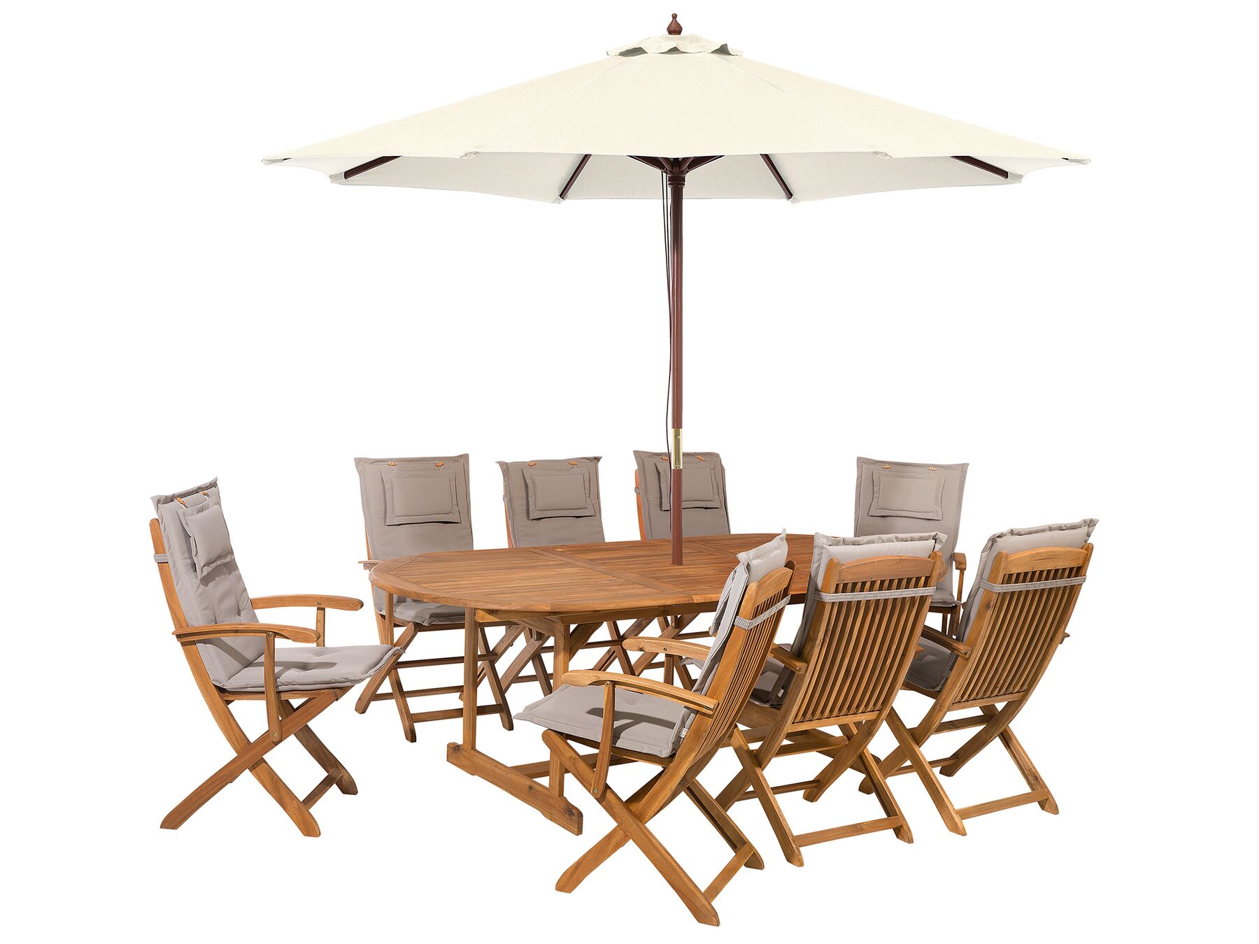 Zestaw ogrodowy stół i 8 krzeseł z szarobeżowymi poduszkami i parasolem MAUI_744079