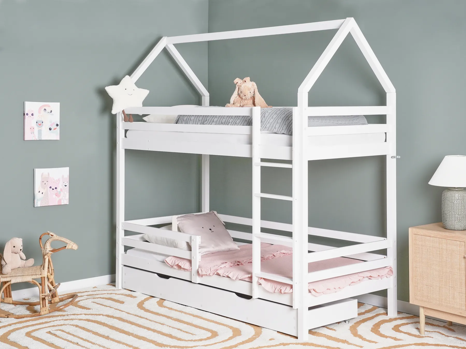 Bunk Bed with Drawers House Pine Wood GIRGOLS 90 x 200 cm (EU Single) with Storage White_1082527
